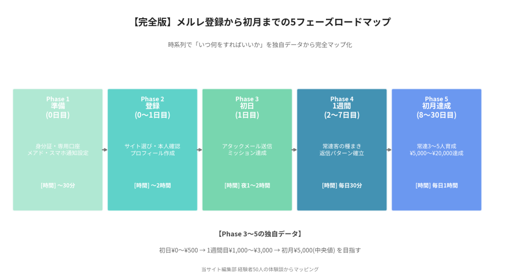 【完全版】メルレ登録から初月までの5フェーズロードマップ。Phase1準備(0日目・〜30分):身分証・専用口座・メアド・スマホ通知設定。Phase2登録(0〜1日目・〜2時間):サイト選び・本人確認・プロフィール作成。Phase3初日(1日目・夜1〜2時間):アタックメール送信・ミッション達成。Phase4 1週間(2〜7日目・毎日30分):常連客の種まき・返信パターン確立。Phase5初月達成(8〜30日目・毎日1時間):常連3〜5人育成・¥5,000〜¥20,000達成