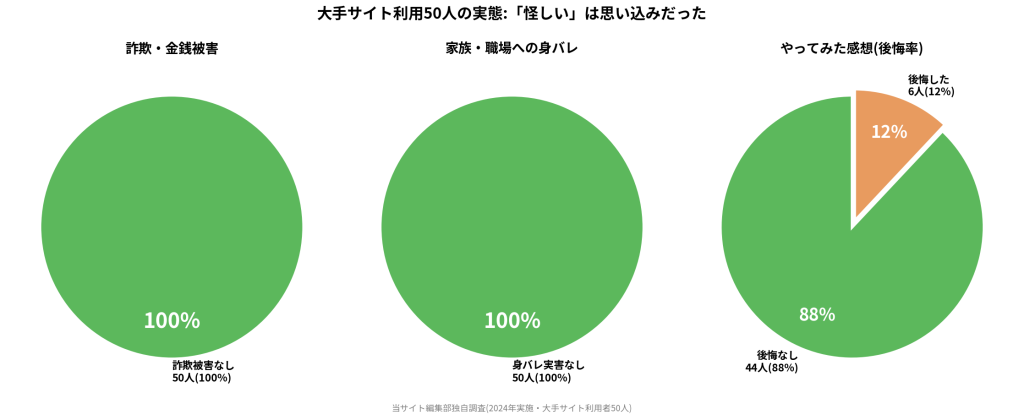 大手サイト利用50人の実態:「怪しい」は思い込みだった。詐欺・金銭被害:詐欺被害なし50人(100%)。家族・職場への身バレ:身バレ実害なし50人(100%)。やってみた感想(後悔率):後悔なし44人(88%)・後悔した6人(12%)