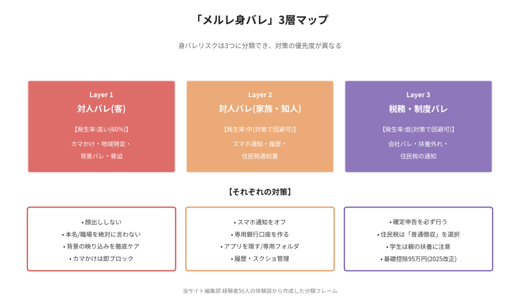 「メルレ身バレ」3層マップ。Layer 1:対人バレ(客)・発生率高い60%・カマかけ/地域特定/背景バレ/脅迫。Layer 2:対人バレ(家族・知人)・発生率中・スマホ通知/履歴/住民税通知書。Layer 3:税務・制度バレ・発生率低・会社バレ/扶養外れ/住民税の通知。それぞれに対策付き
