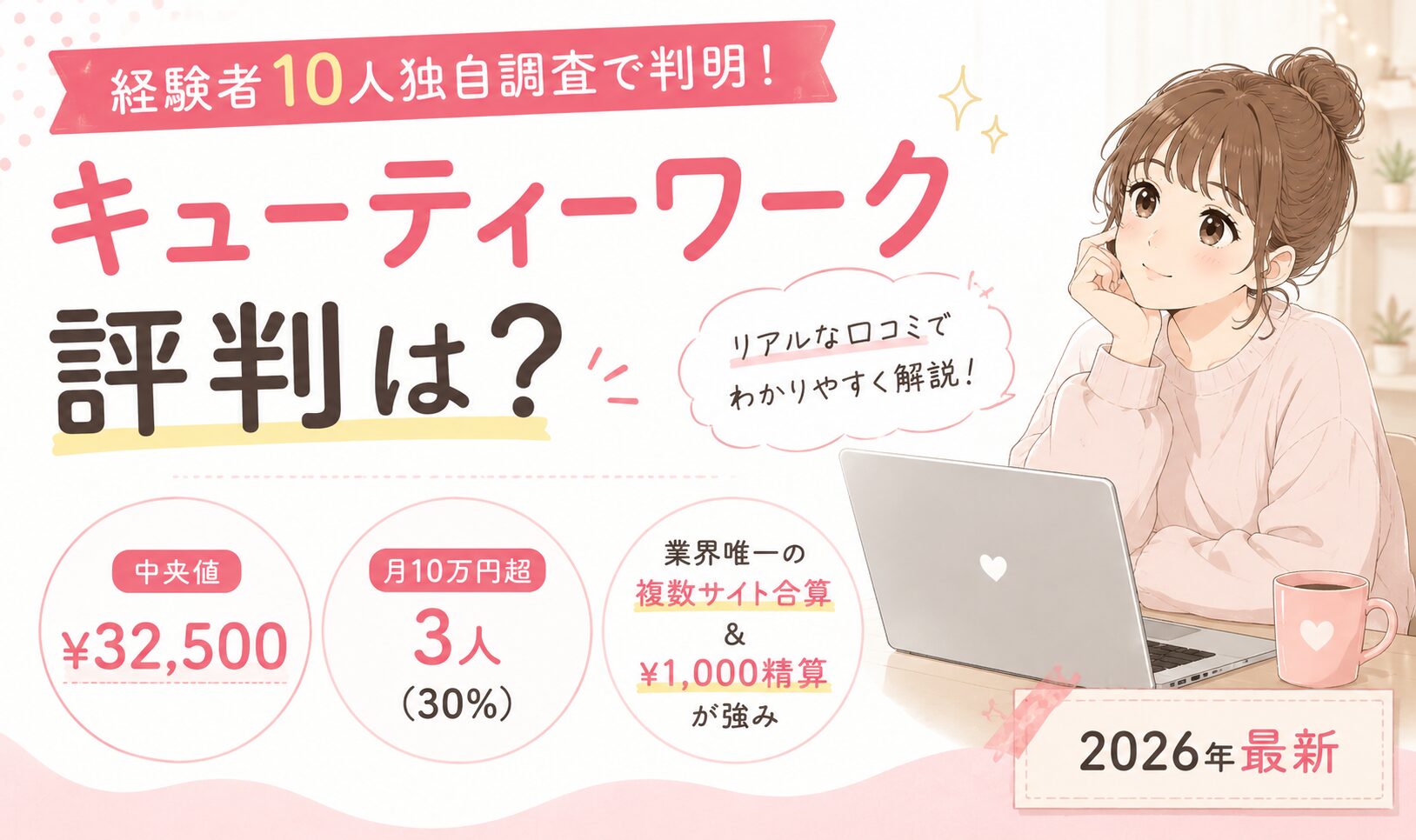 キューティーワーク評判は?経験者10人独自調査で判明【中央値¥32,500・月10万円超3人(30%)】業界唯一の複数サイト合算&¥1,000精算が強み【2026年最新】