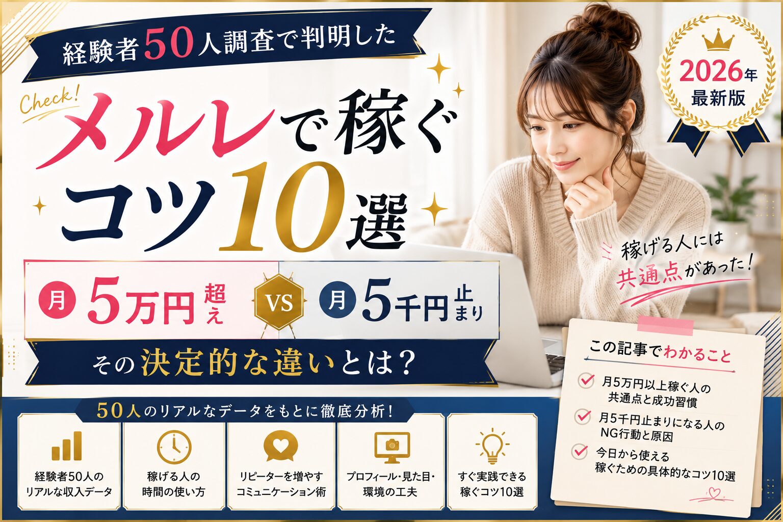 メルレで稼ぐコツ10選|経験者50人調査で判明した「月5万円超え」と「月5千円止まり」の決定的な違い