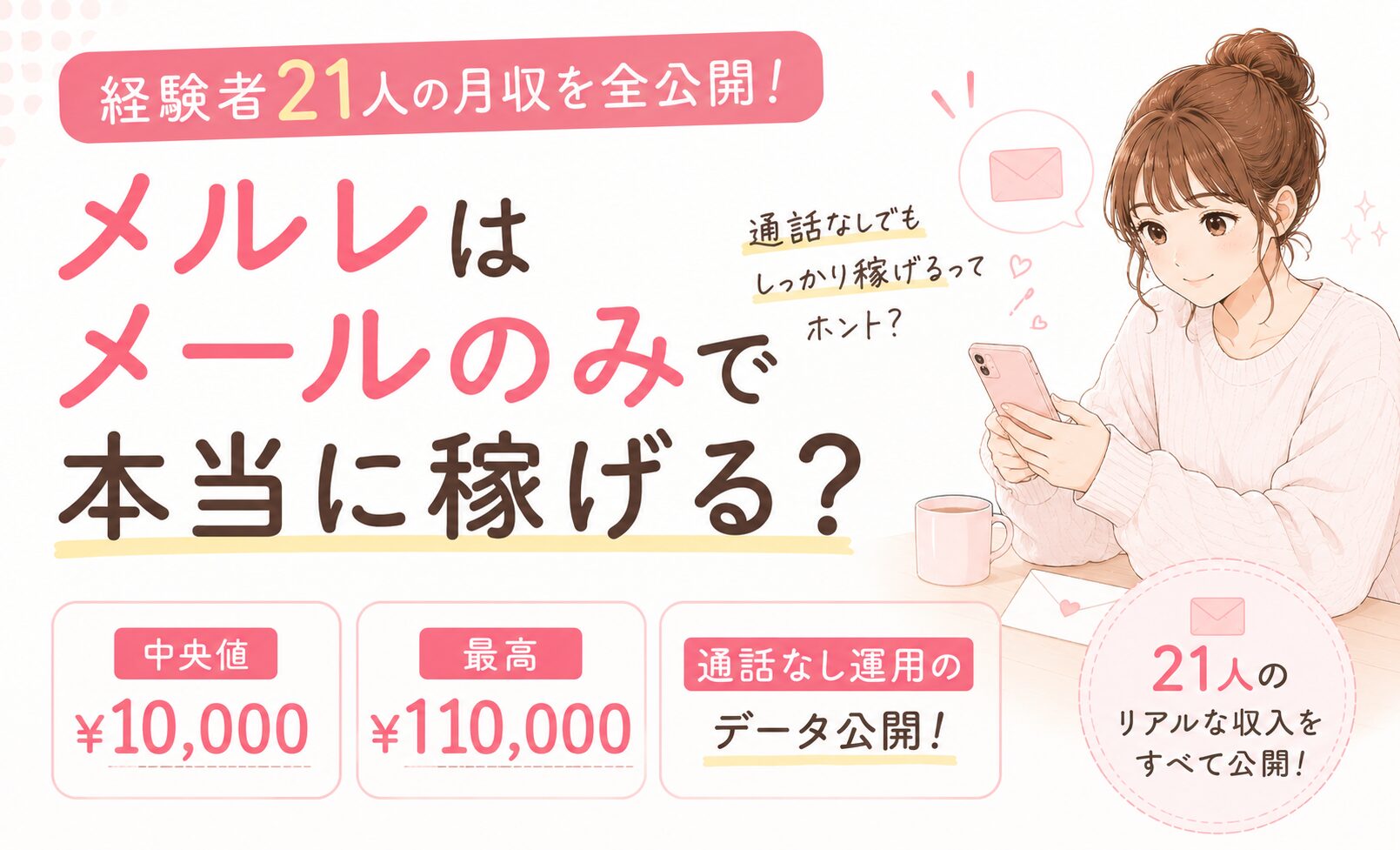 メルレはメールのみで本当に稼げる?経験者21人の月収を全公開【中央値¥10,000・最高¥110,000】通話なし運用のデータ公開