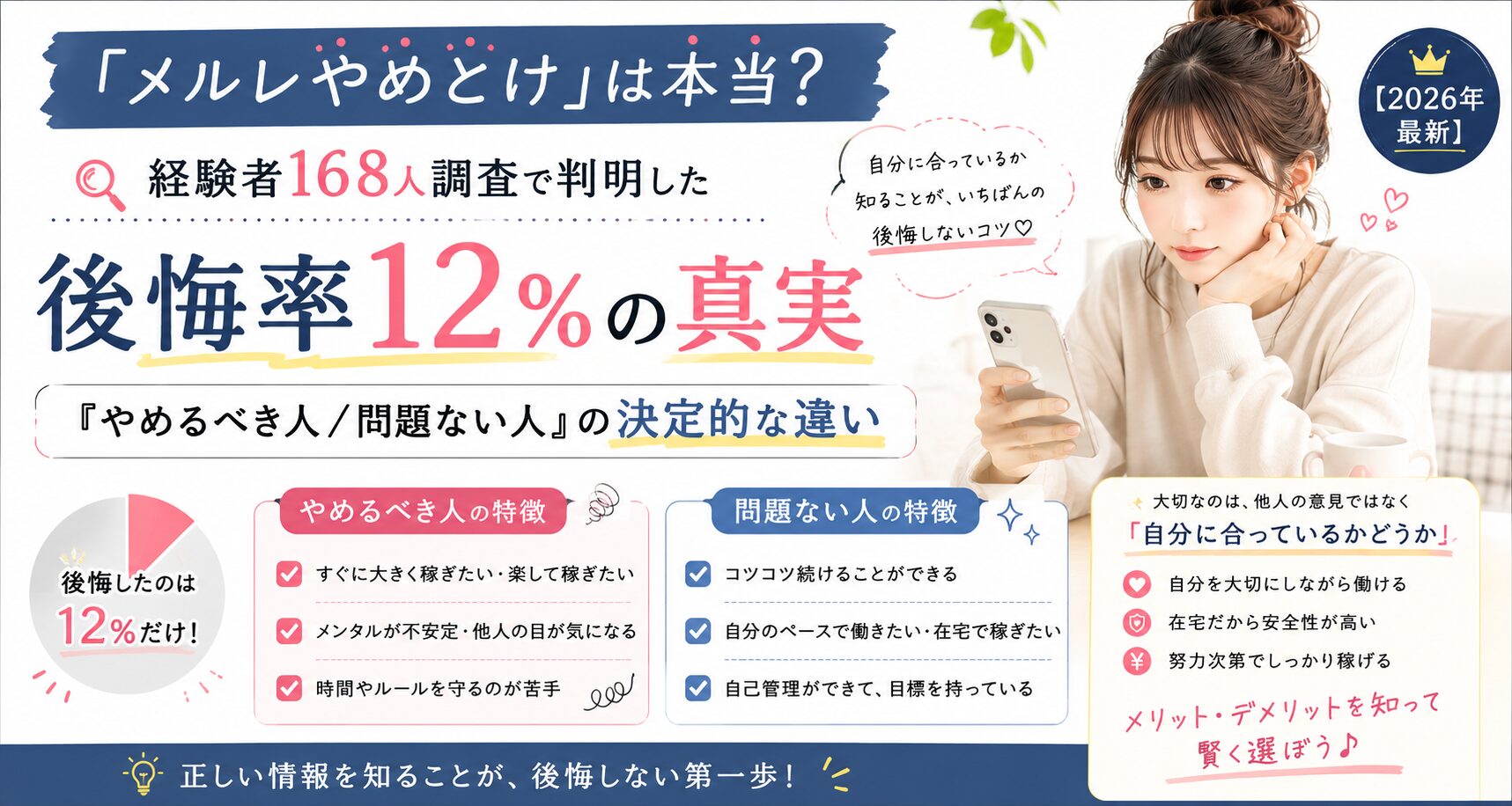 「メルレやめとけ」は本当?経験者168人調査で判明した後悔率12%の真実と『やめるべき人/問題ない人』の決定的な違い【2026年最新】