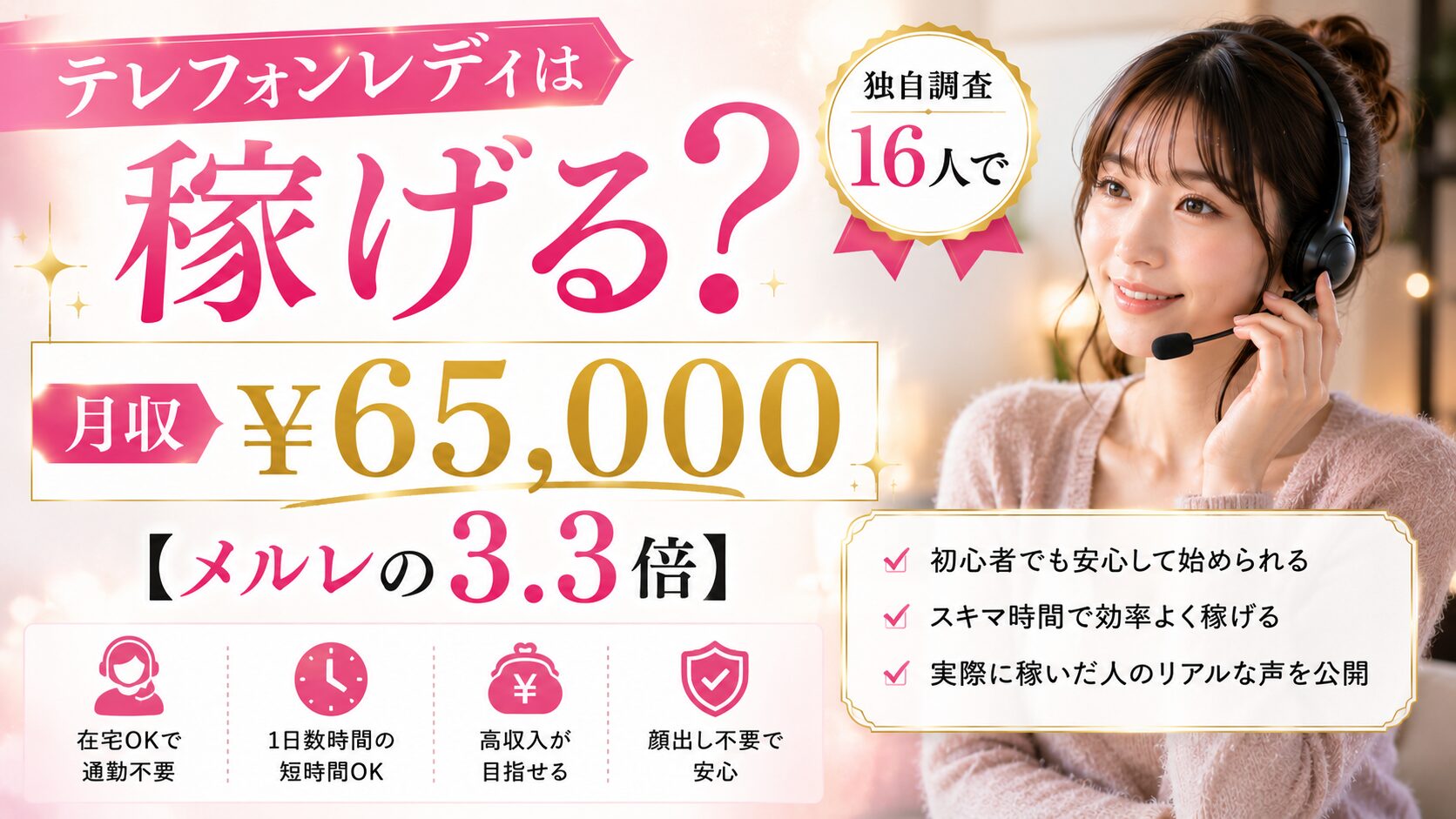 テレフォンレディは稼げる?独自調査16人で月収¥65,000【メルレの3.3倍】